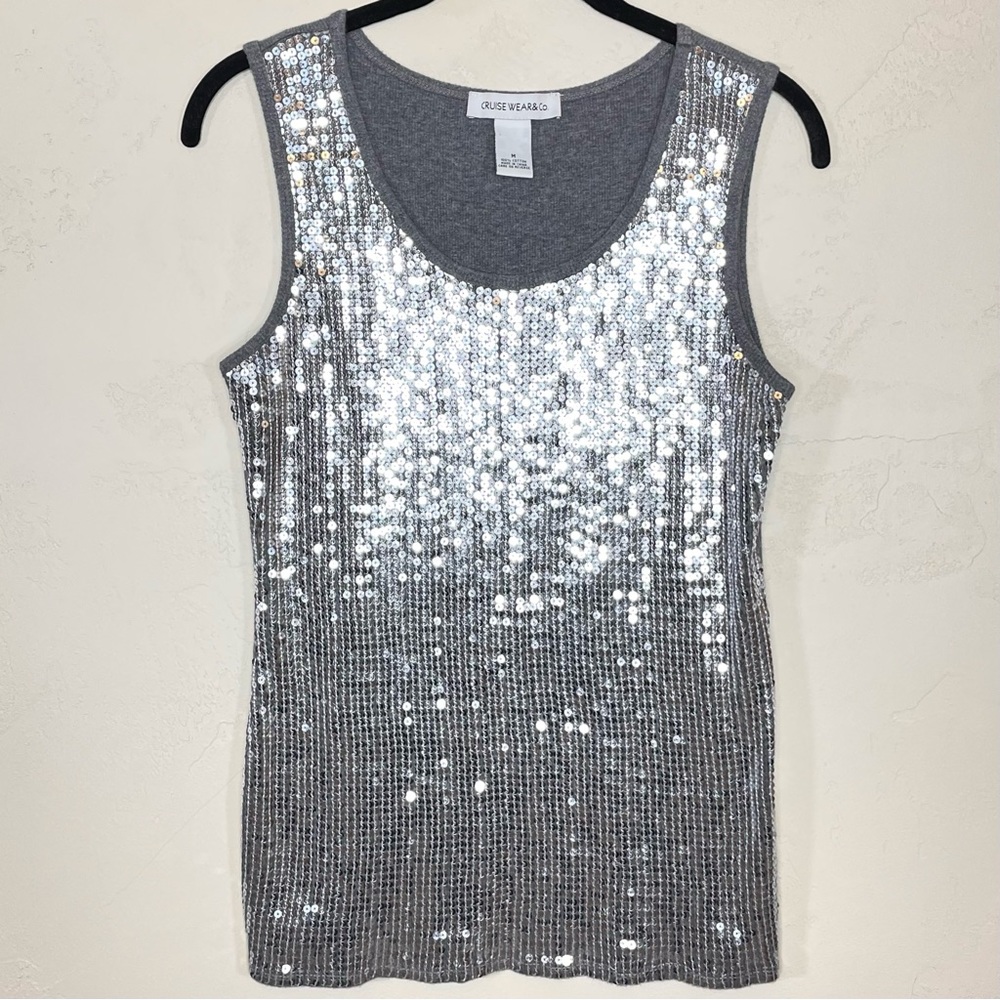 Cruise Wear & Co. Silver Sequins Front Ribbed Cotton Tank Top - Picture 3 of 17